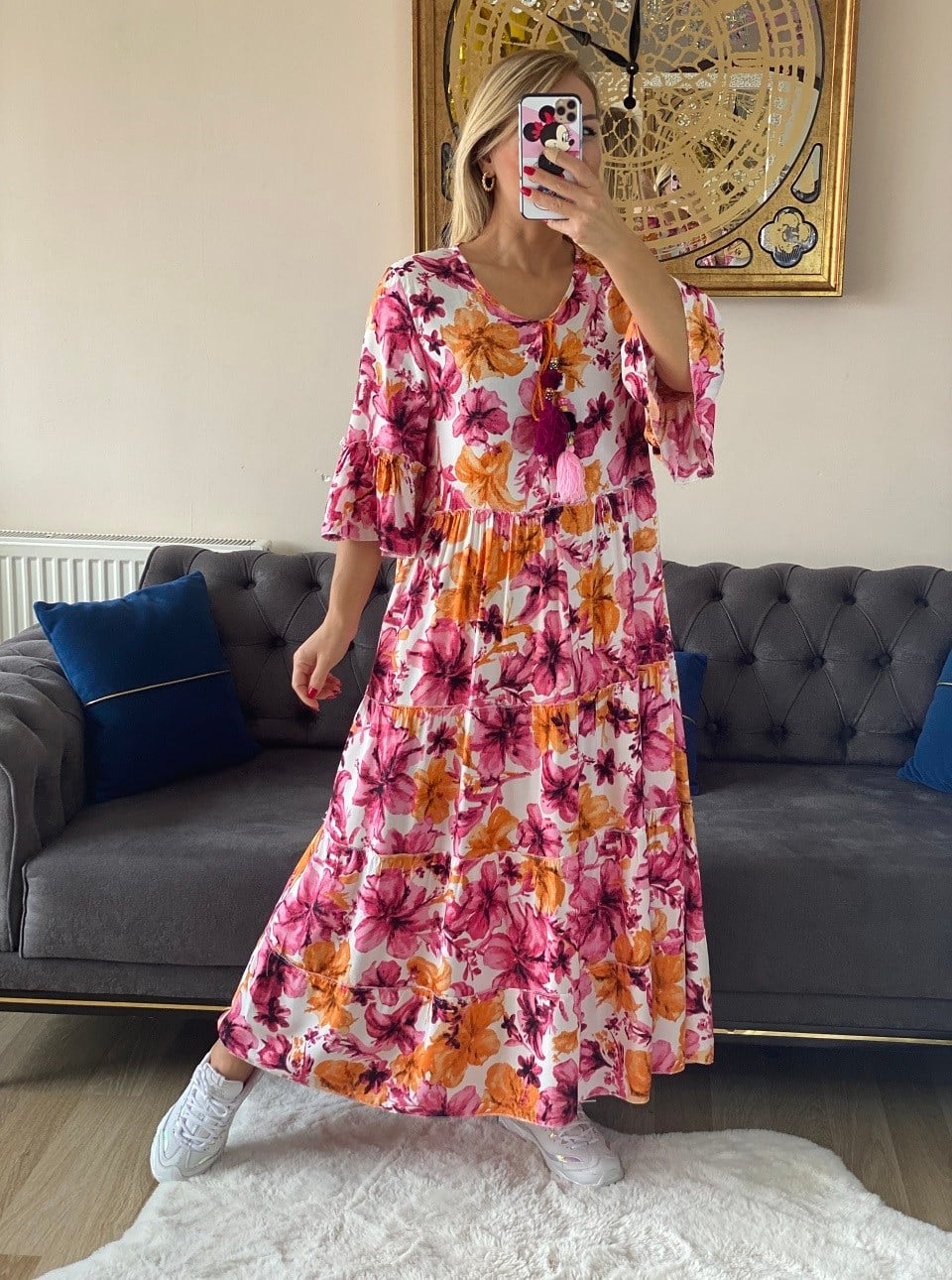 410479 ETEĞİ FIRFIRLI KOLLARI VOLANLI ELBİSE PEMBE