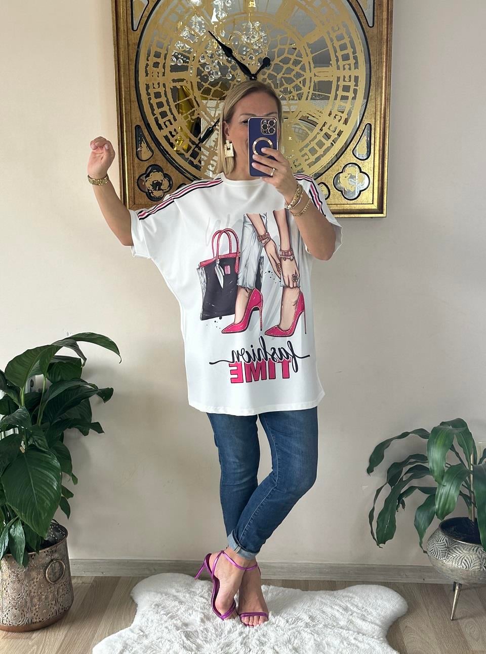 411009 Dijital Baskı Fuşya Ayakkabı Çanta Detaylı Taşlı Tshirt   