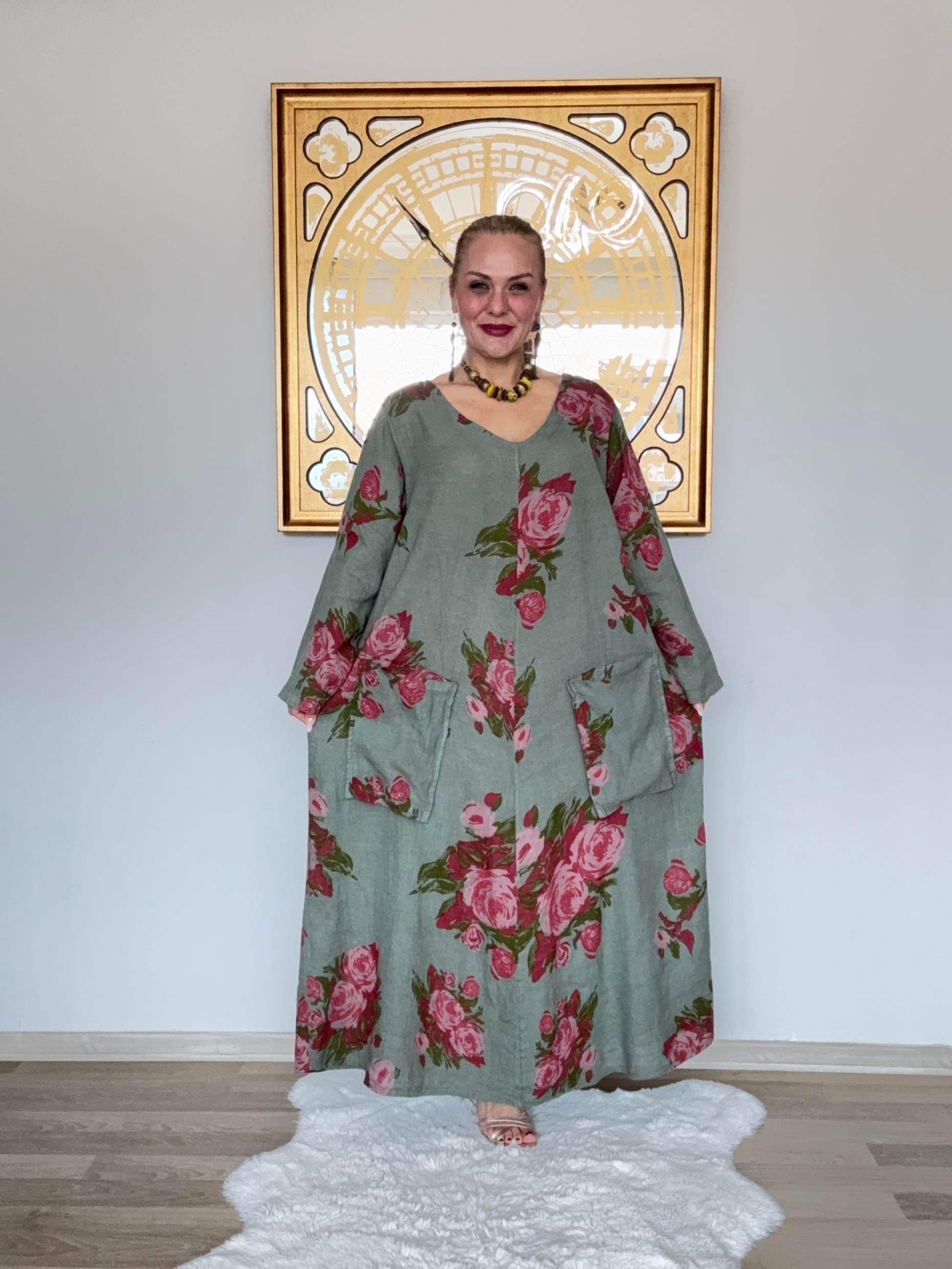 648 V Yaka Cep Detaylı İtalyan Keten Elbise