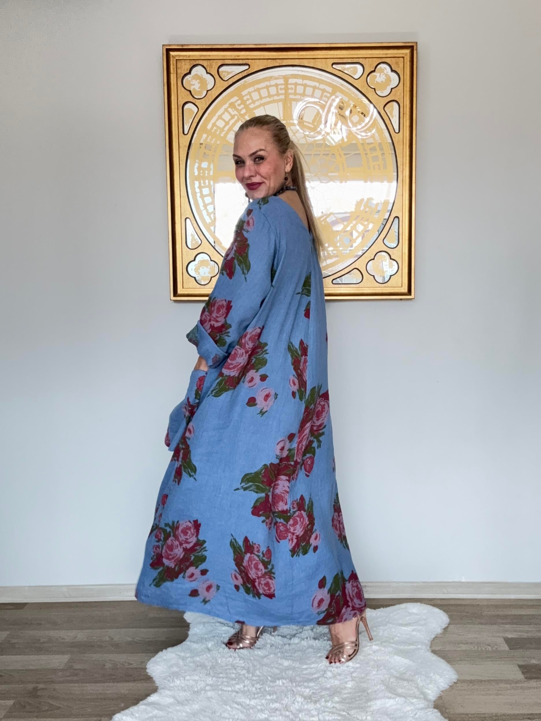 649 V Yaka Cep Detaylı İtalyan Keten Elbise