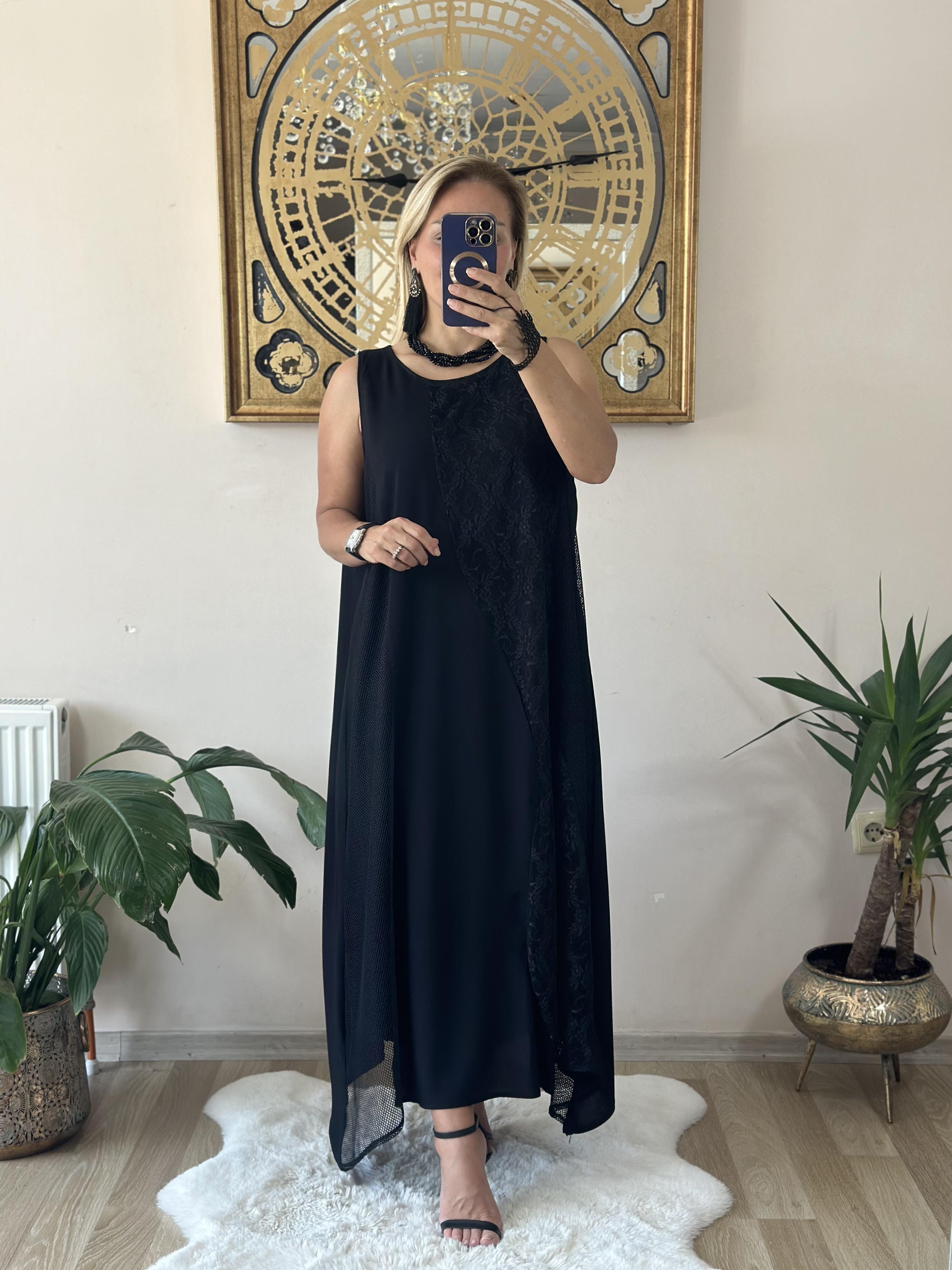 322 File Güpür Detaylı Tasarım Elbise Siyah 