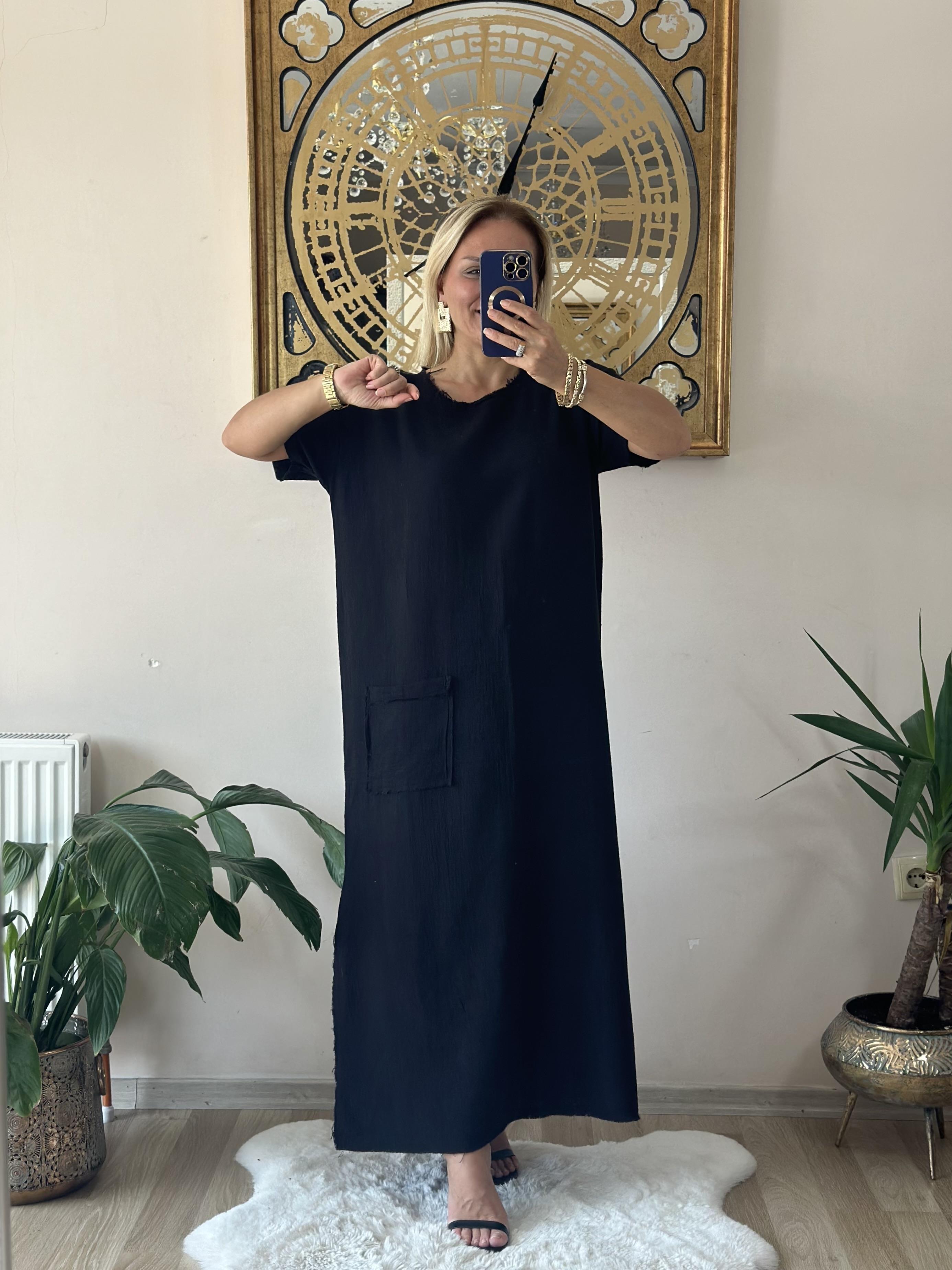 325 Cep Detaylı Müslin Kumaş Siyah Elbise 