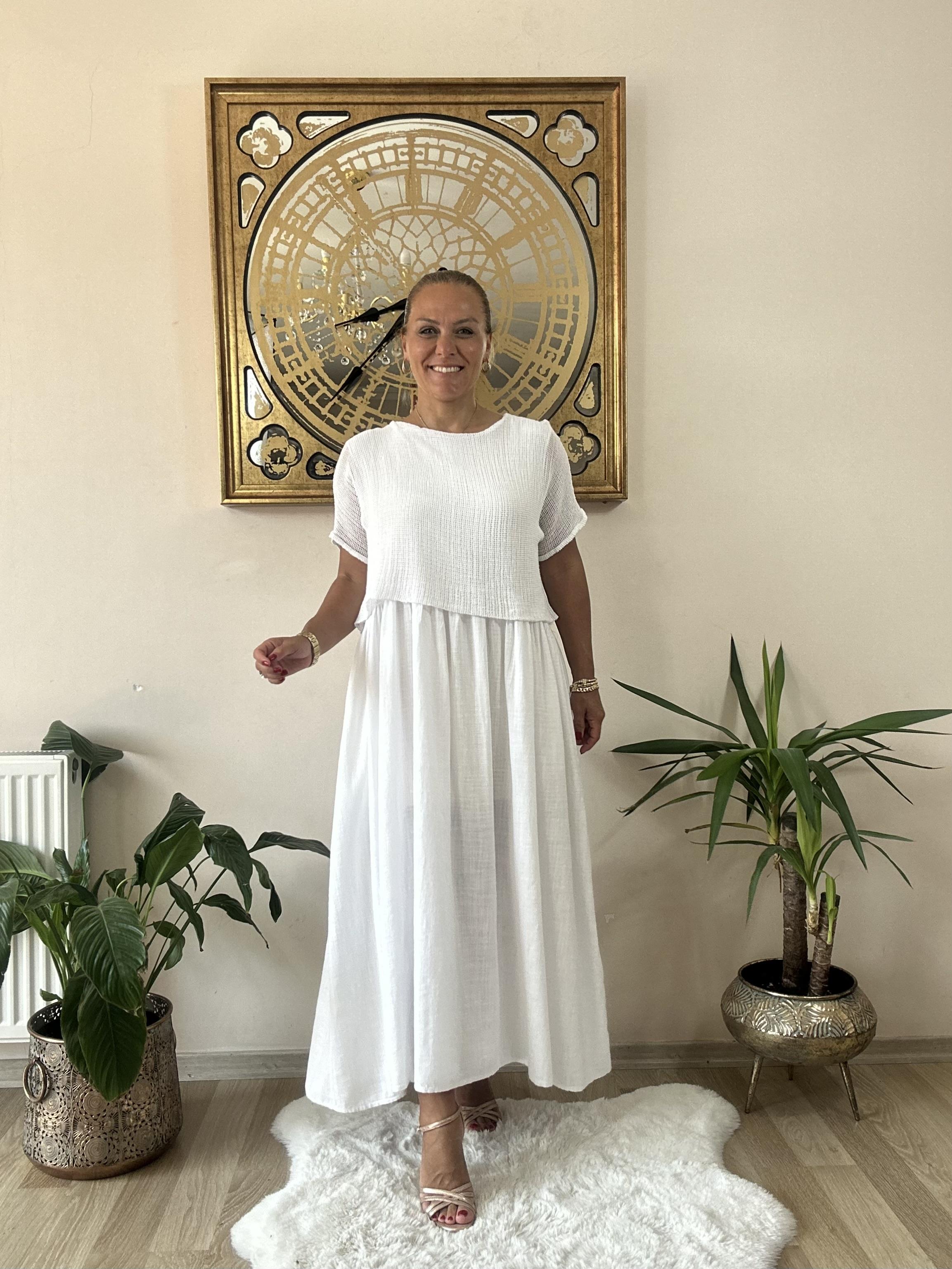340 İtalyan Pamuk Keten Elbise Beyaz 