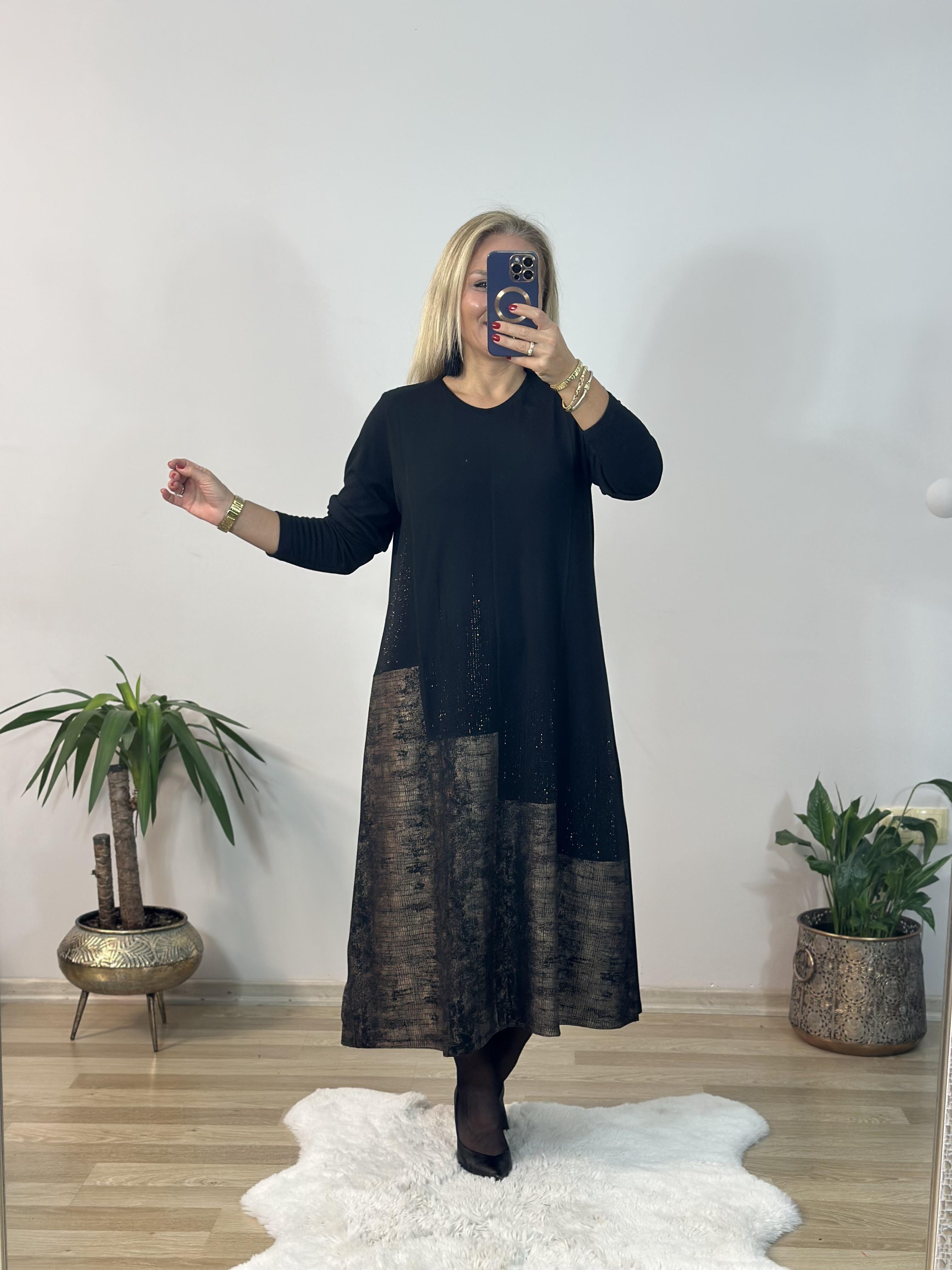 378 Midi Boy Siyah Zeminli Elbise