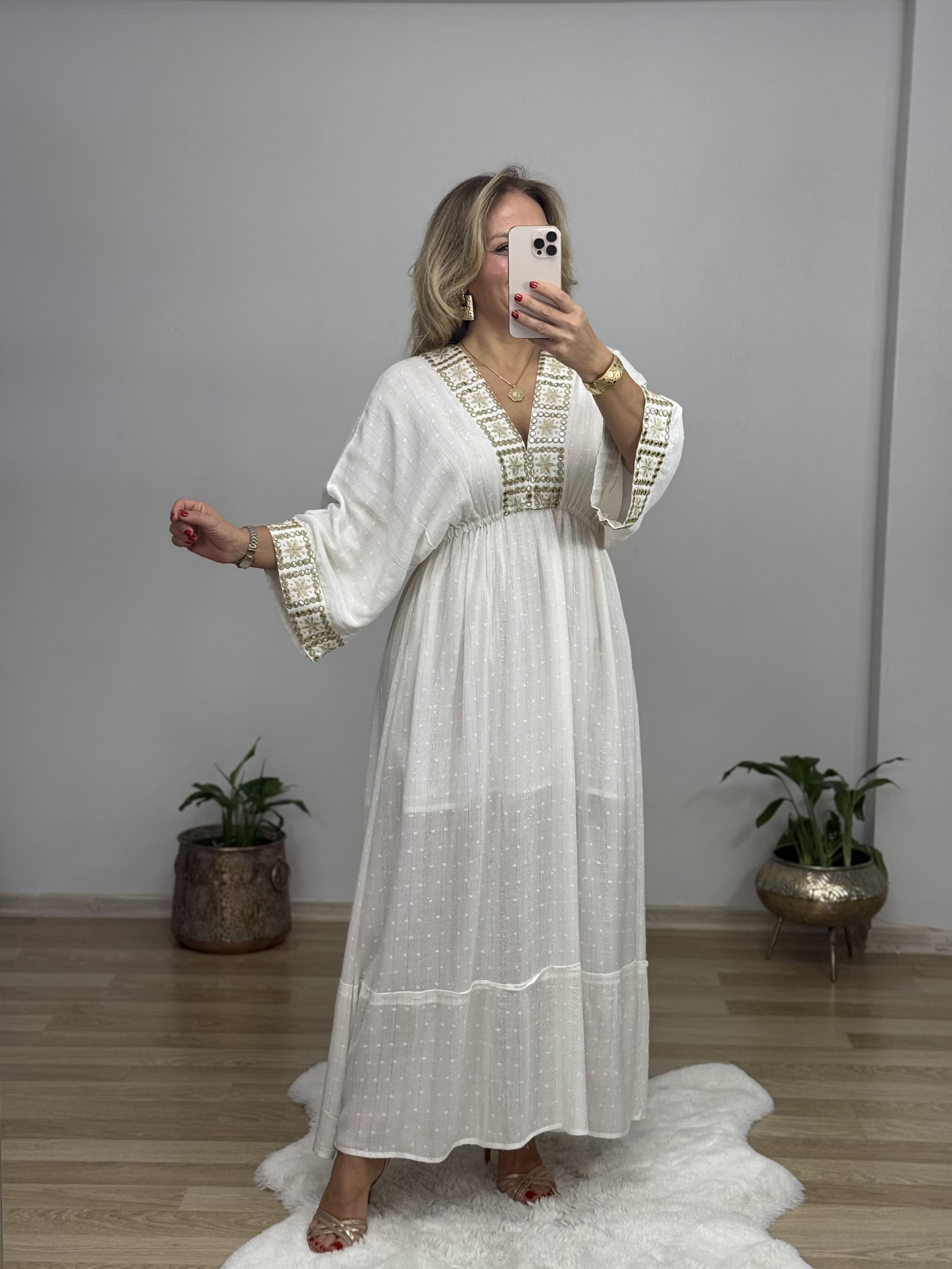 408 Ayna Detaylı Bohem İthal Elbise