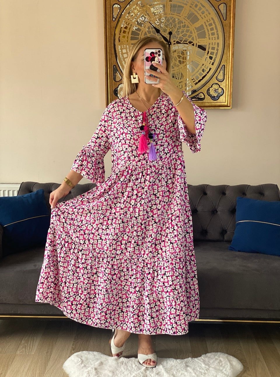 410513 PÜSKÜLLÜ PAPATYA DESEN PEMBE ELBİSE