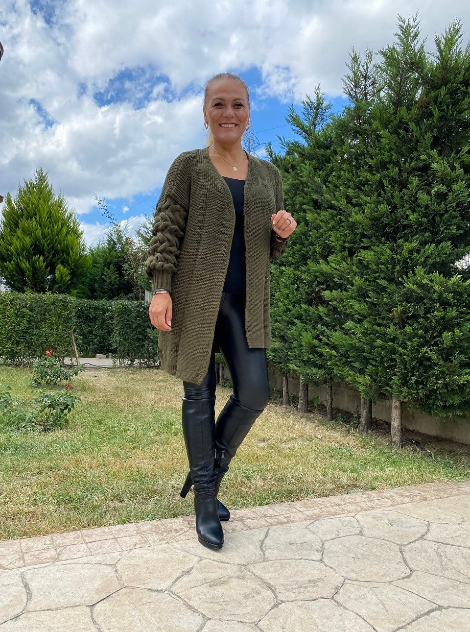 410709 KOLU KAFES ÖRGÜ DETAYLI SALAŞ HIRKA HAKİ