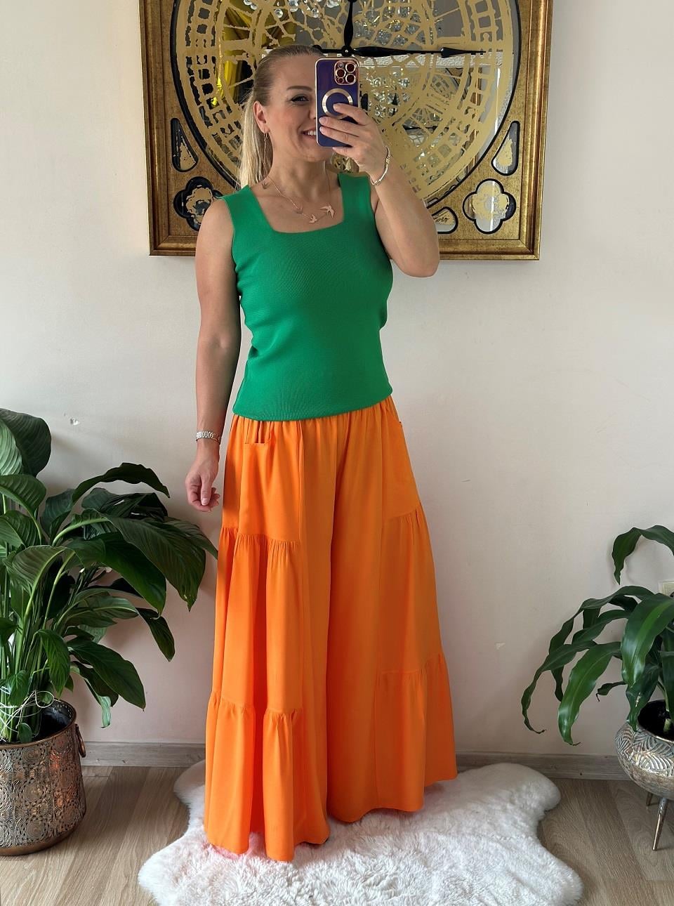410974 Geniş Paça Beli Lastikli Salaş Model Pantalon 
