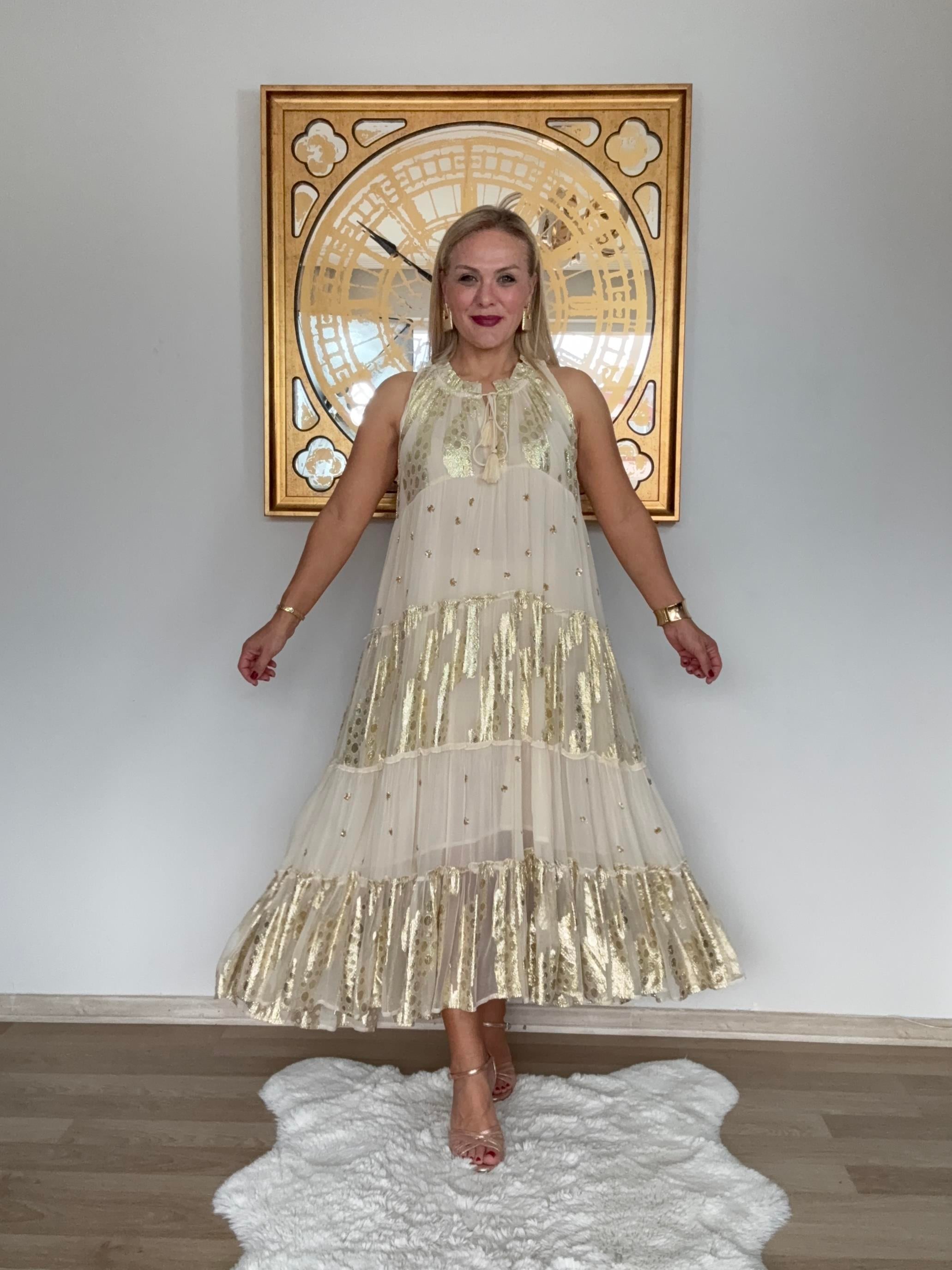 411 Gold Detaylı Amore İthal Elbise