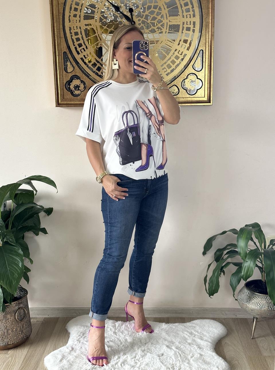 411010 Dijital Baskı Mor Ayakkabı Çanta Detaylı Taşlı Tshirt  