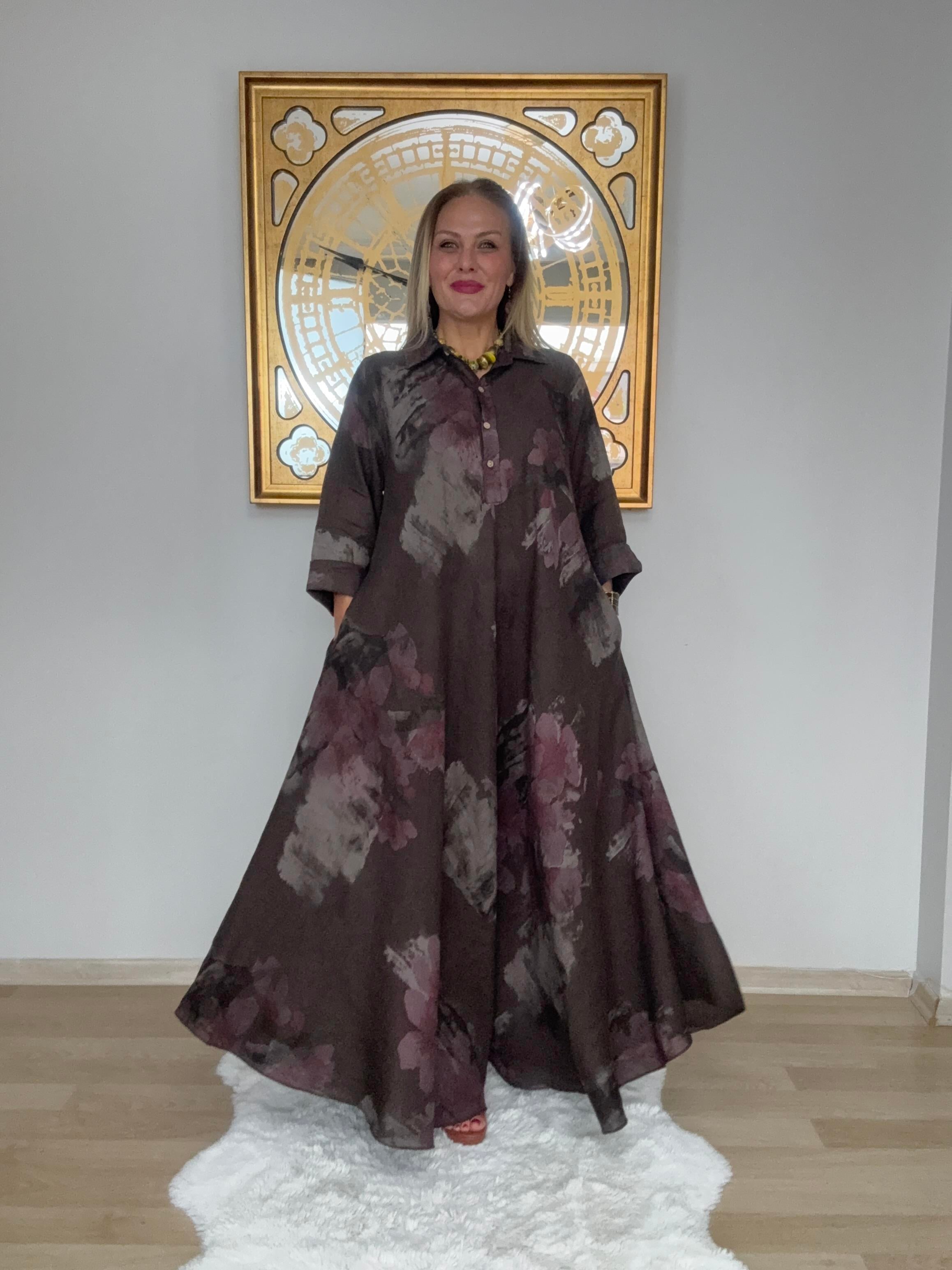 602 Gömlek Yaka Ham Keten İtalyan Elbise