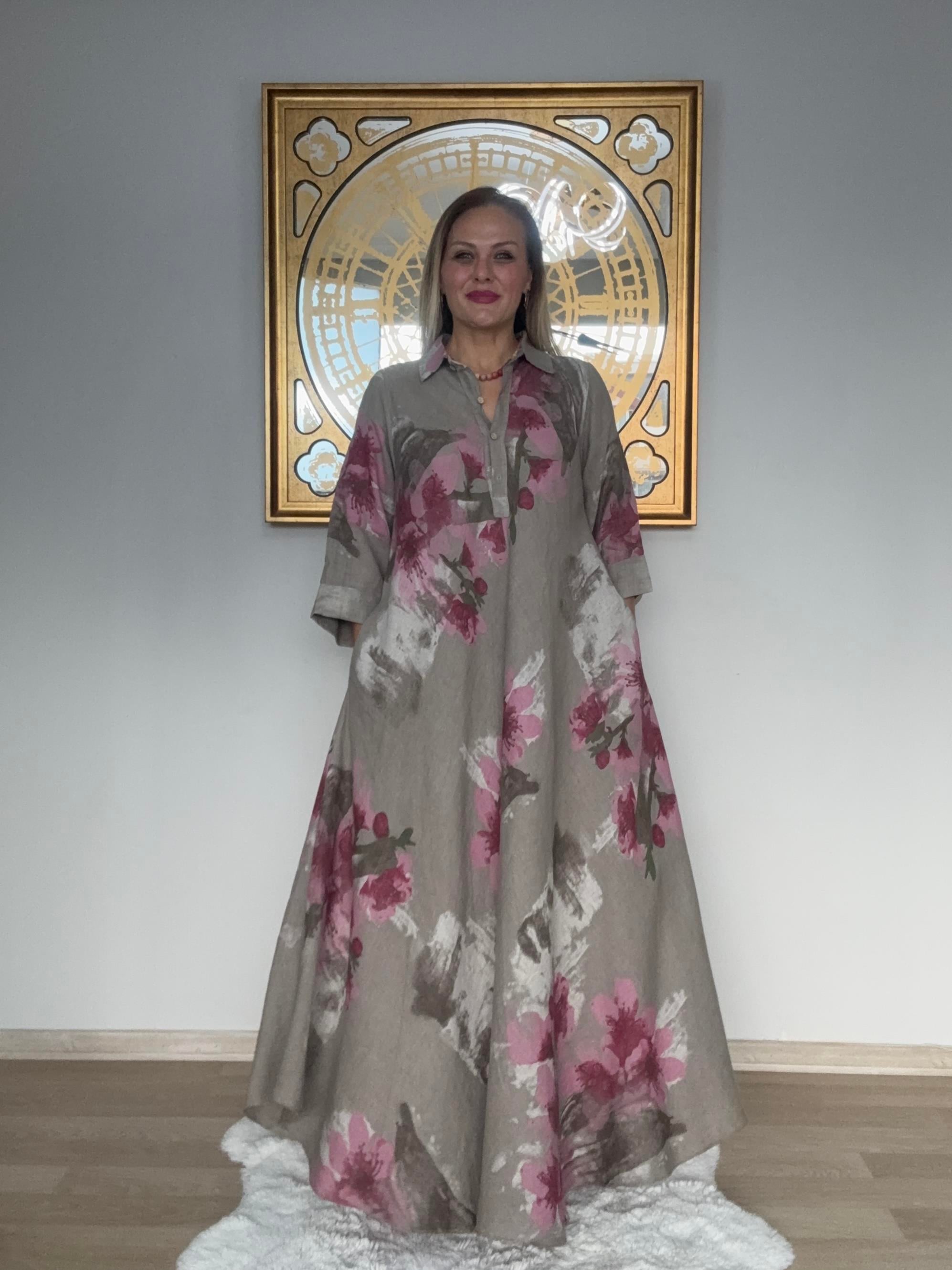 604 Gömlek Yaka Ham Keten İtalyan Elbise