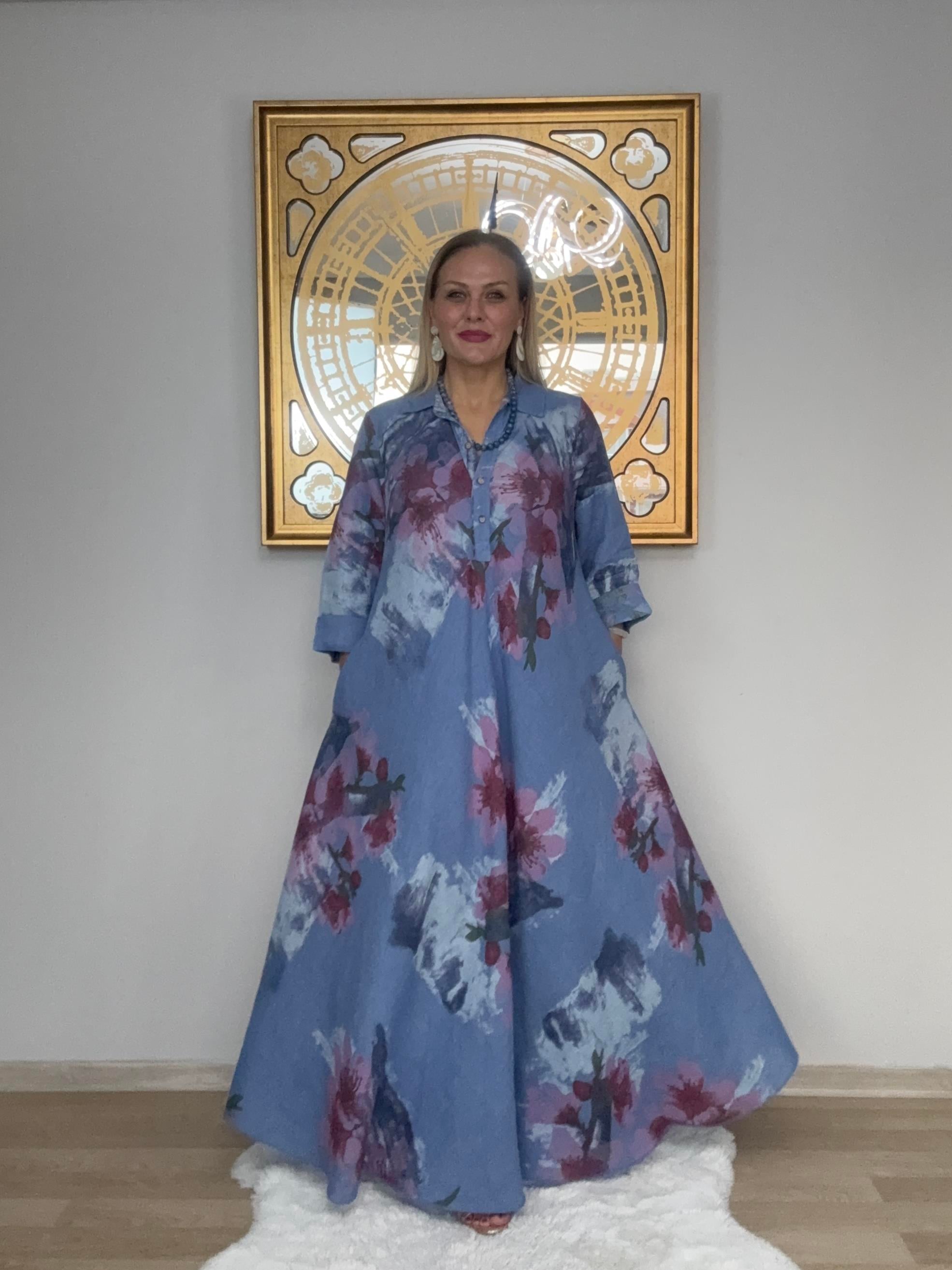 607 Gömlek Yaka Ham Keten İtalyan Elbise