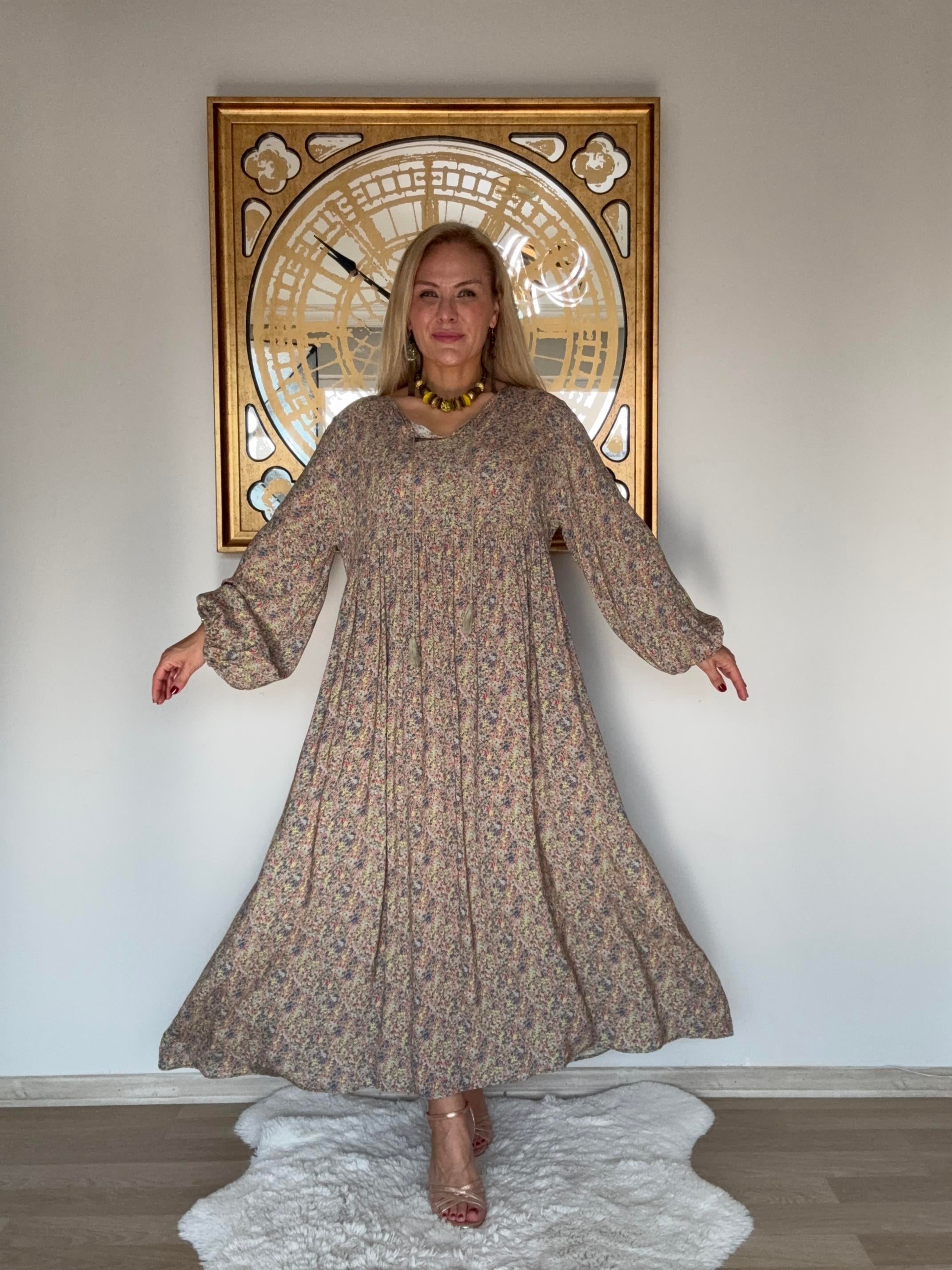 631 Çıtır Desen Uzun Kol  Elbise