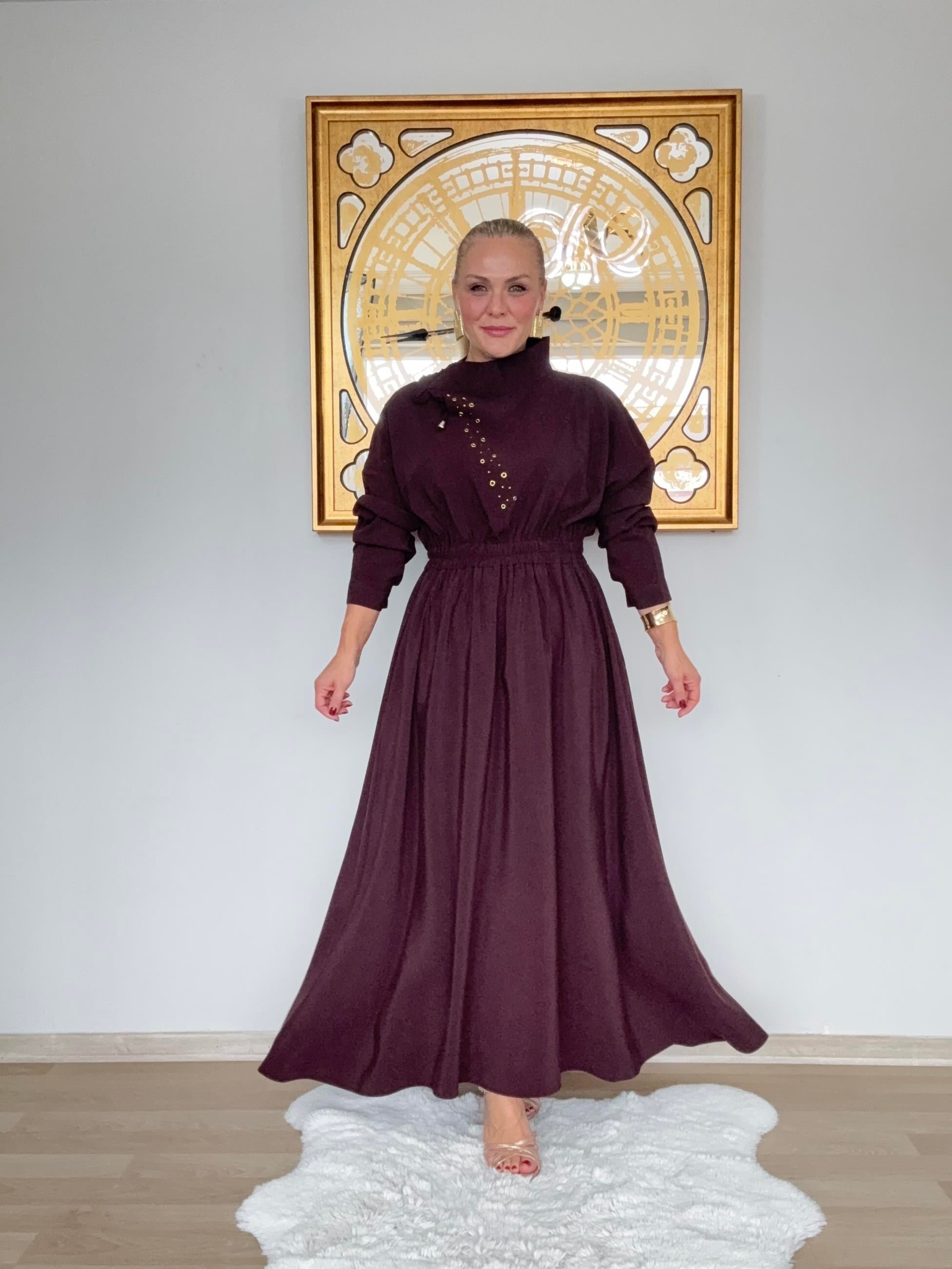 653 Kuş Göz Detaylı Modal Elbise