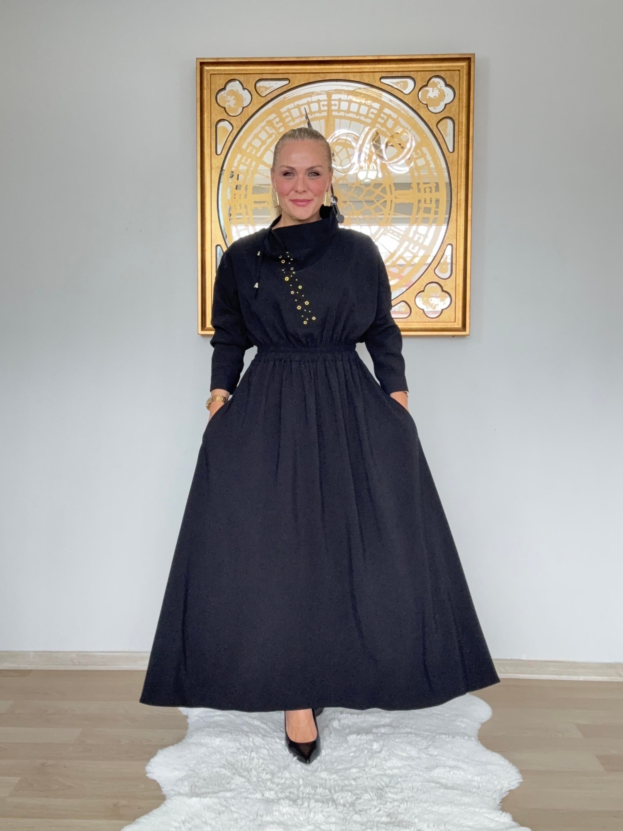 654 Kuş Göz Detaylı Modal Elbise