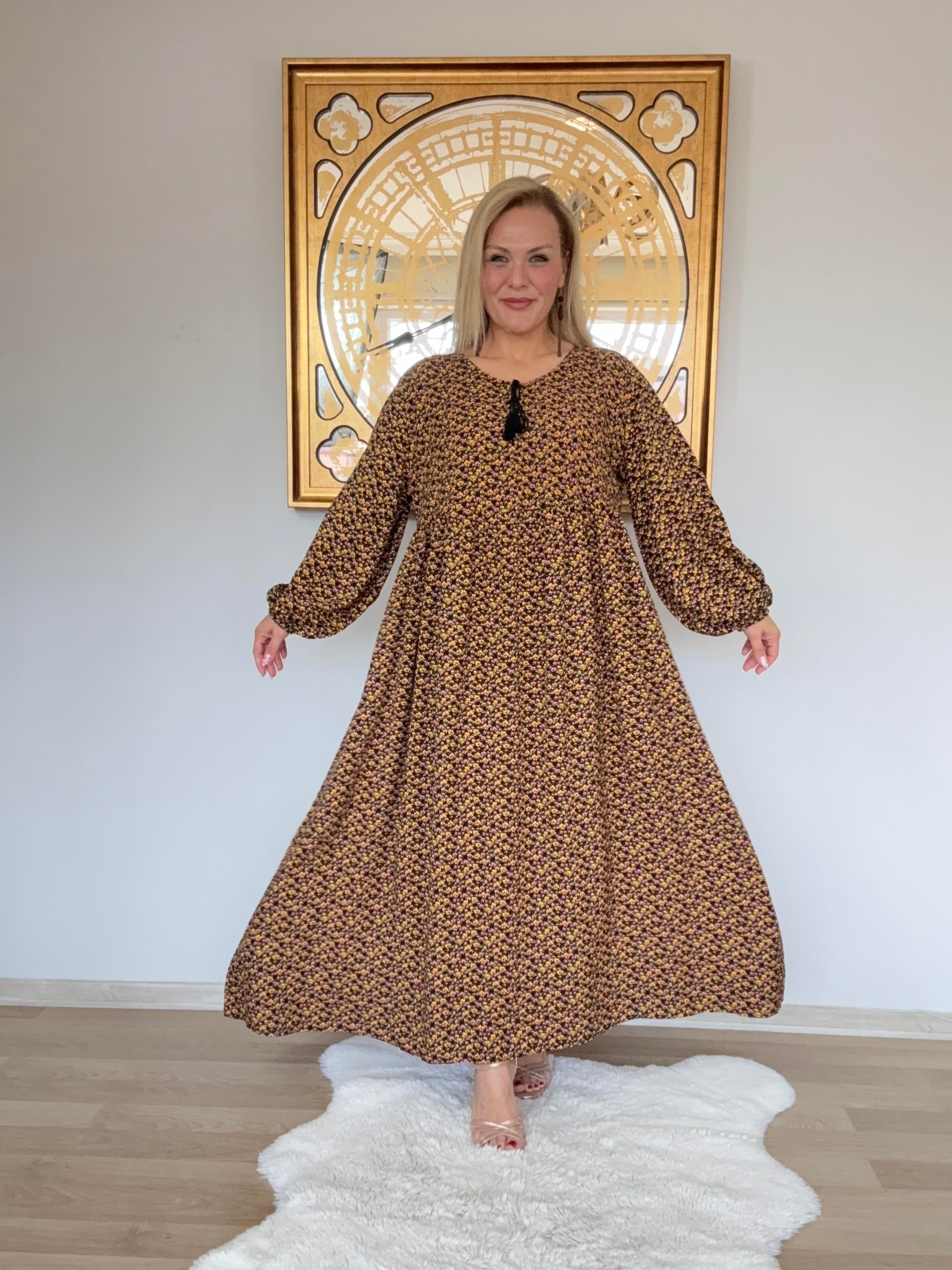 665 Çıtır Desen Uzun Kol  Elbise