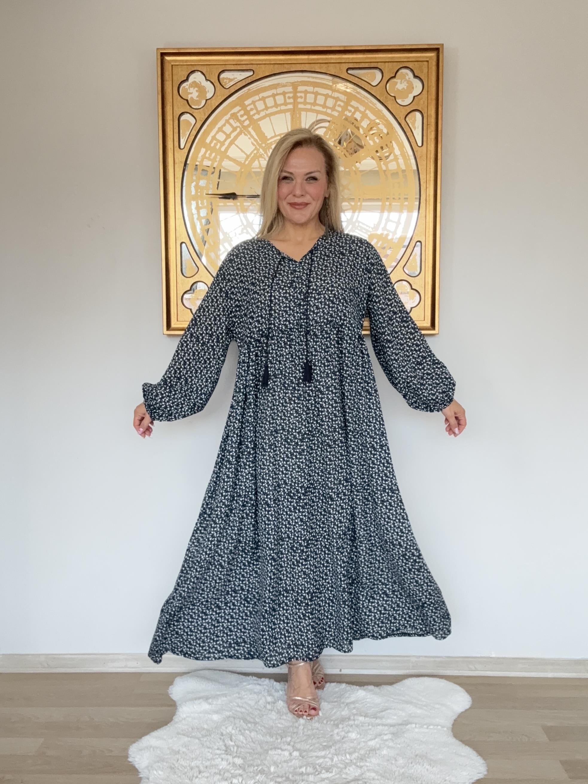 666 Çıtır Desen Uzun Kol  Elbise