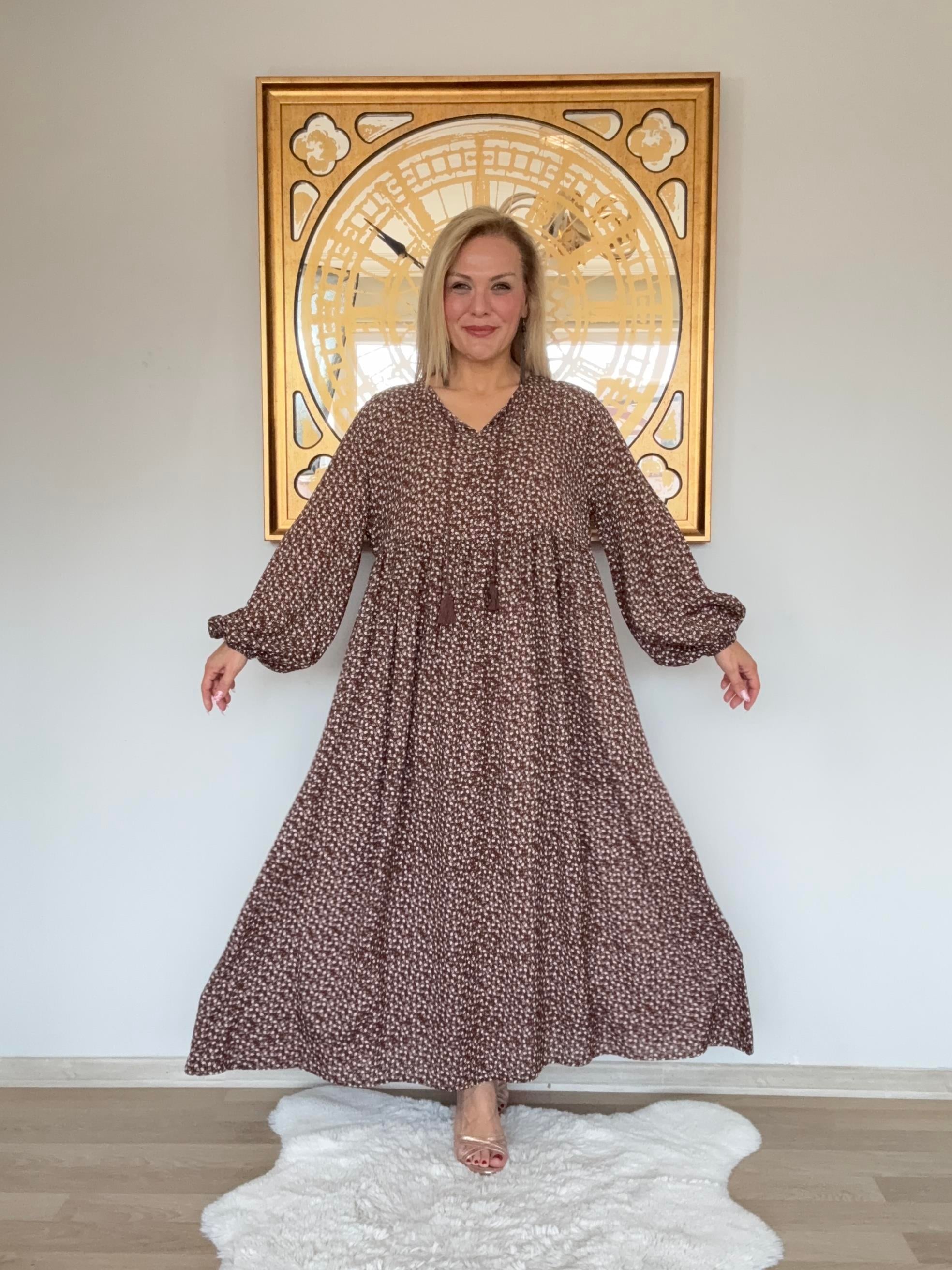 670 Çıtır Desen Uzun Kol  Elbise