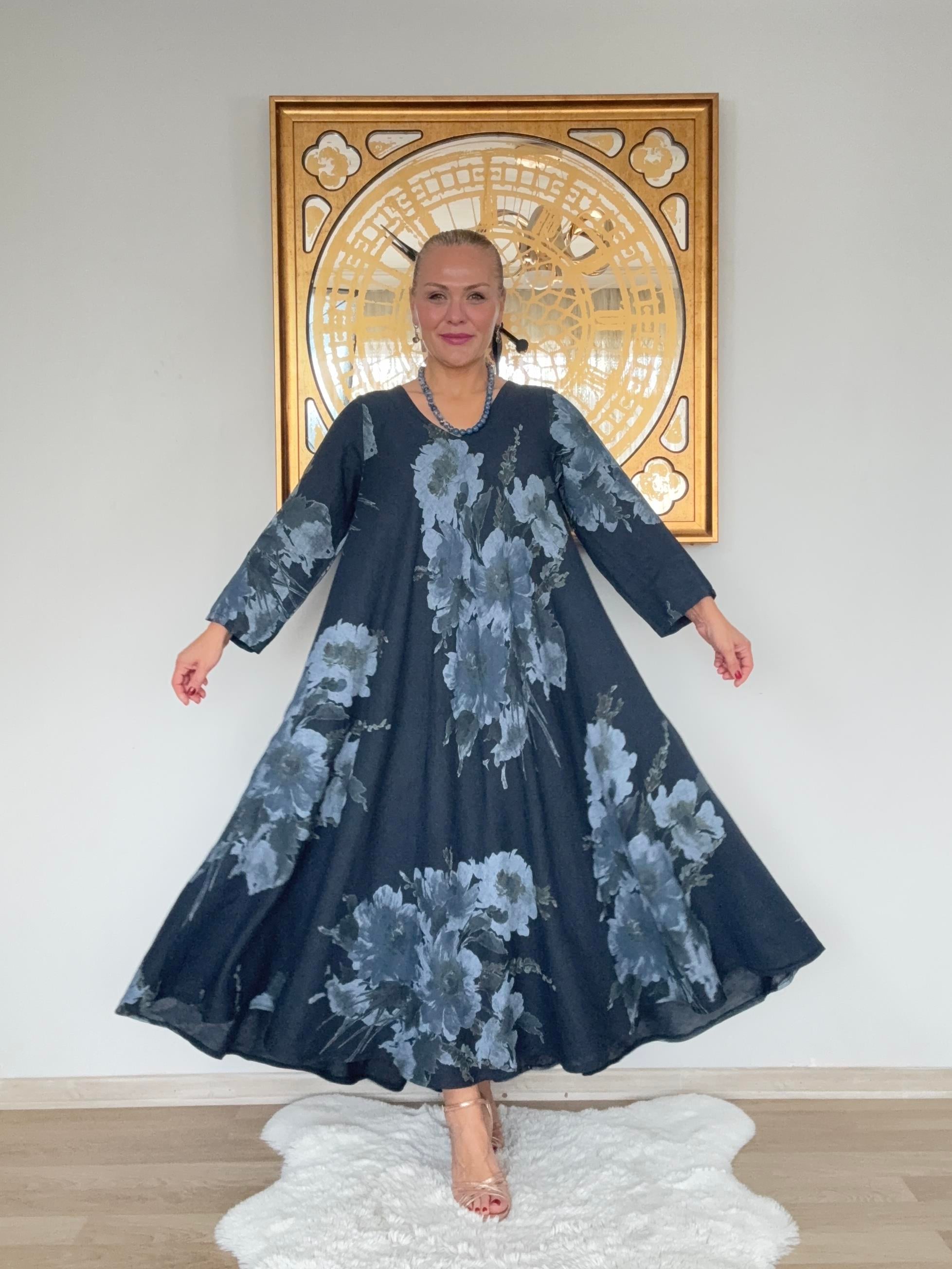 680 Ön Arka V Yaka İtalyan Keten Elbise