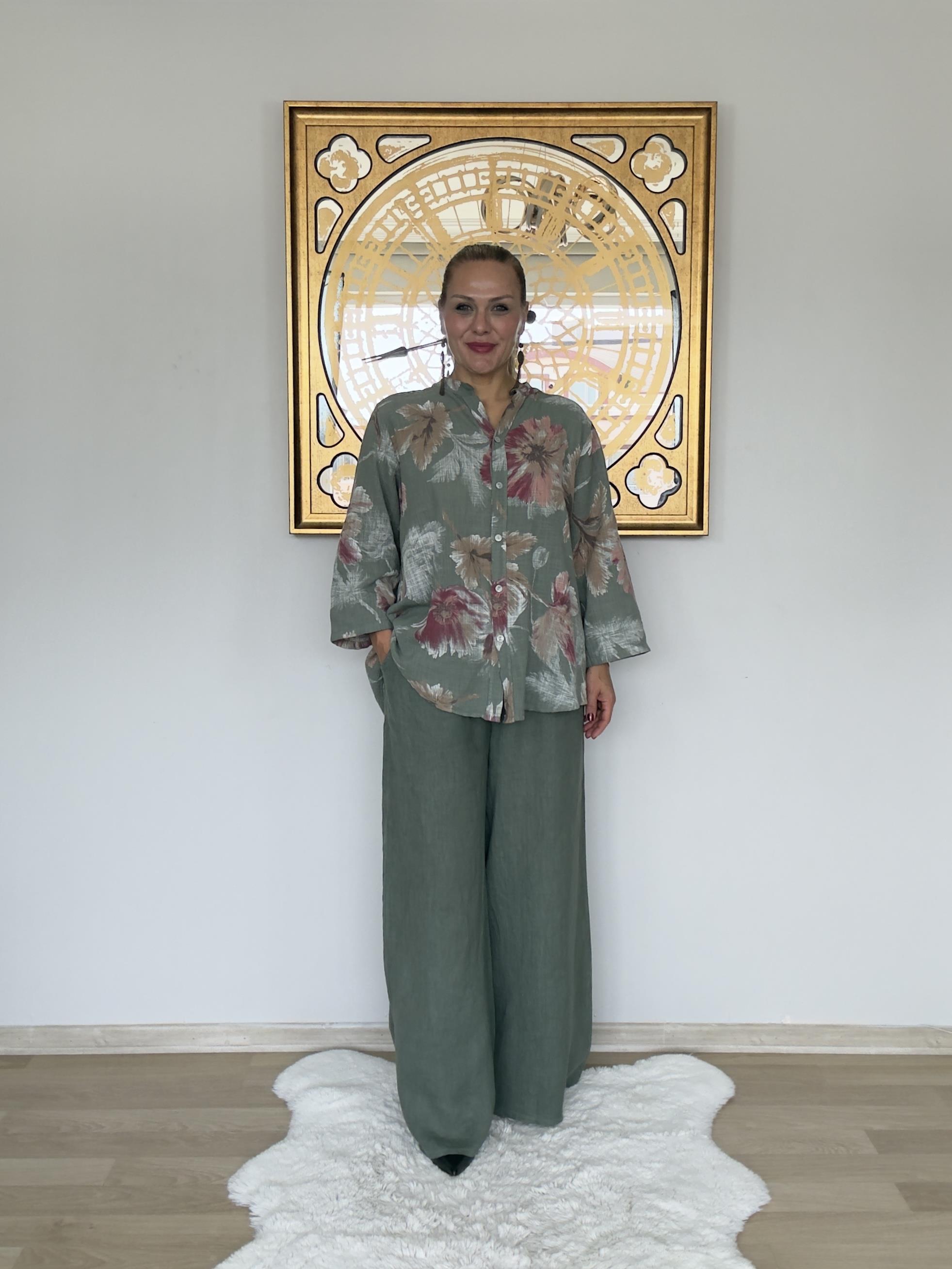 688 Hasır Kemerli İtalyan Keten Pantolon