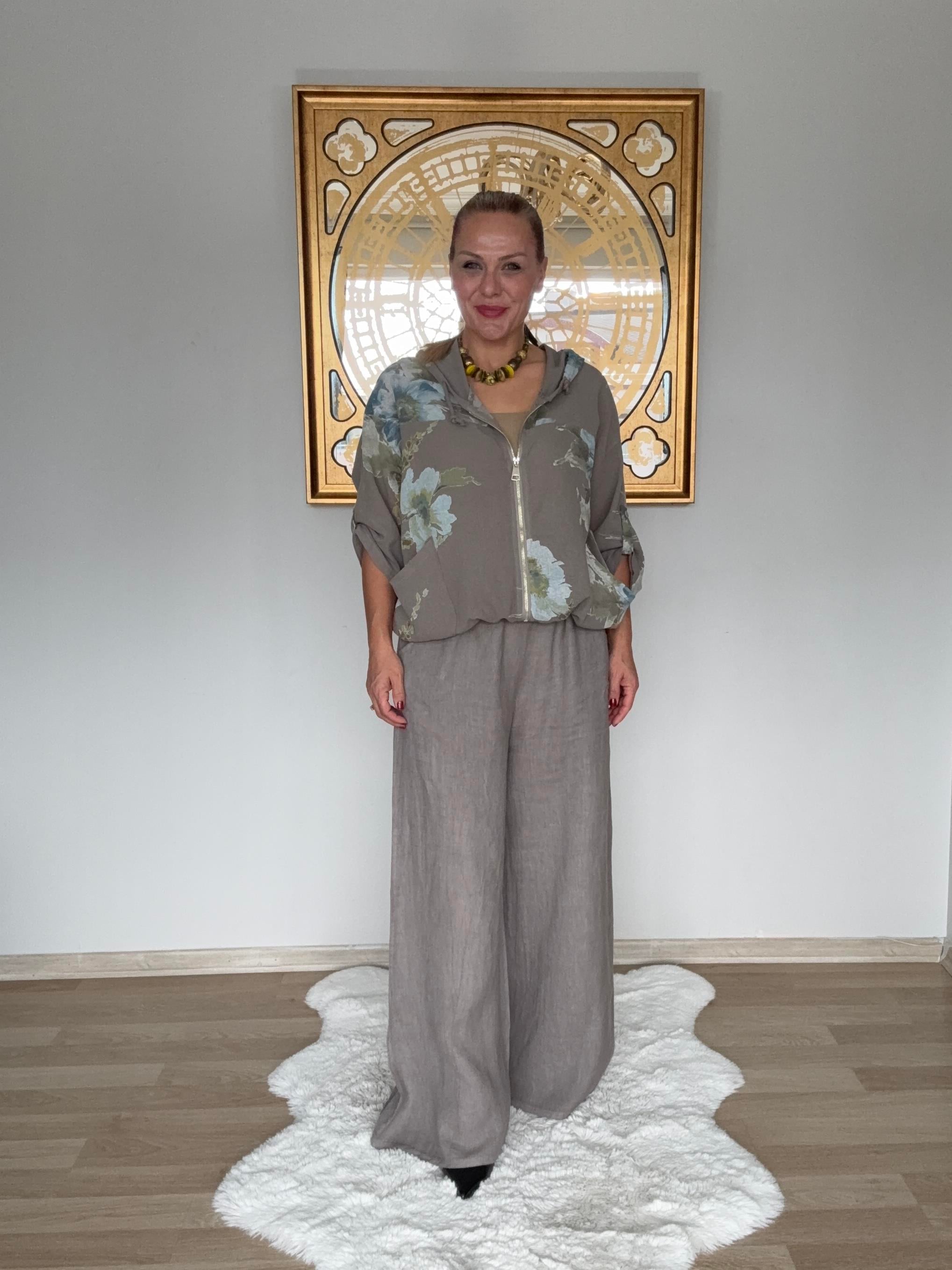 694 Çiçek Desen Fermuarlı Kapşon Detaylı Ceket