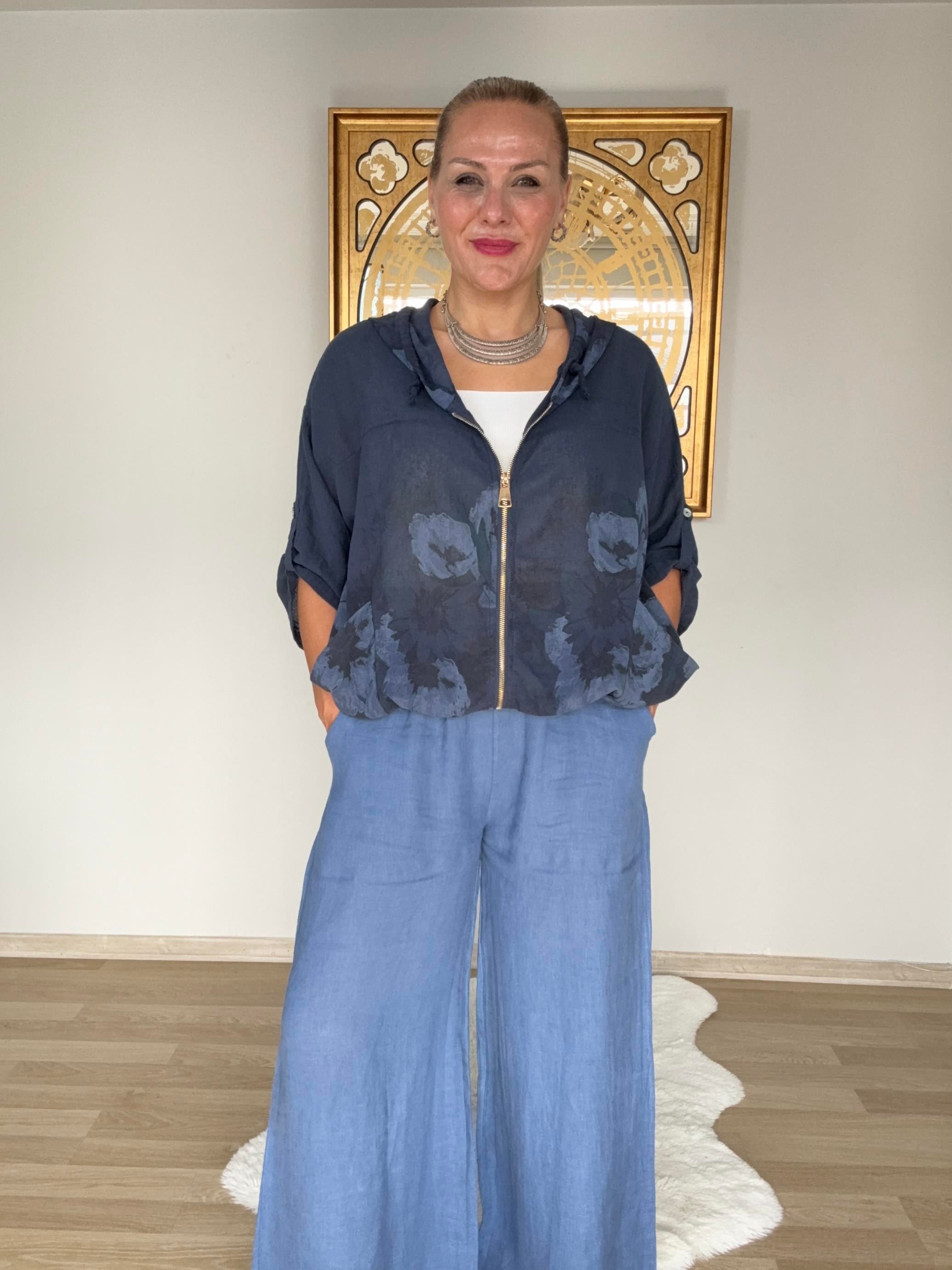 695 Çiçek Desen Fermuarlı Kapşon Detaylı Ceket