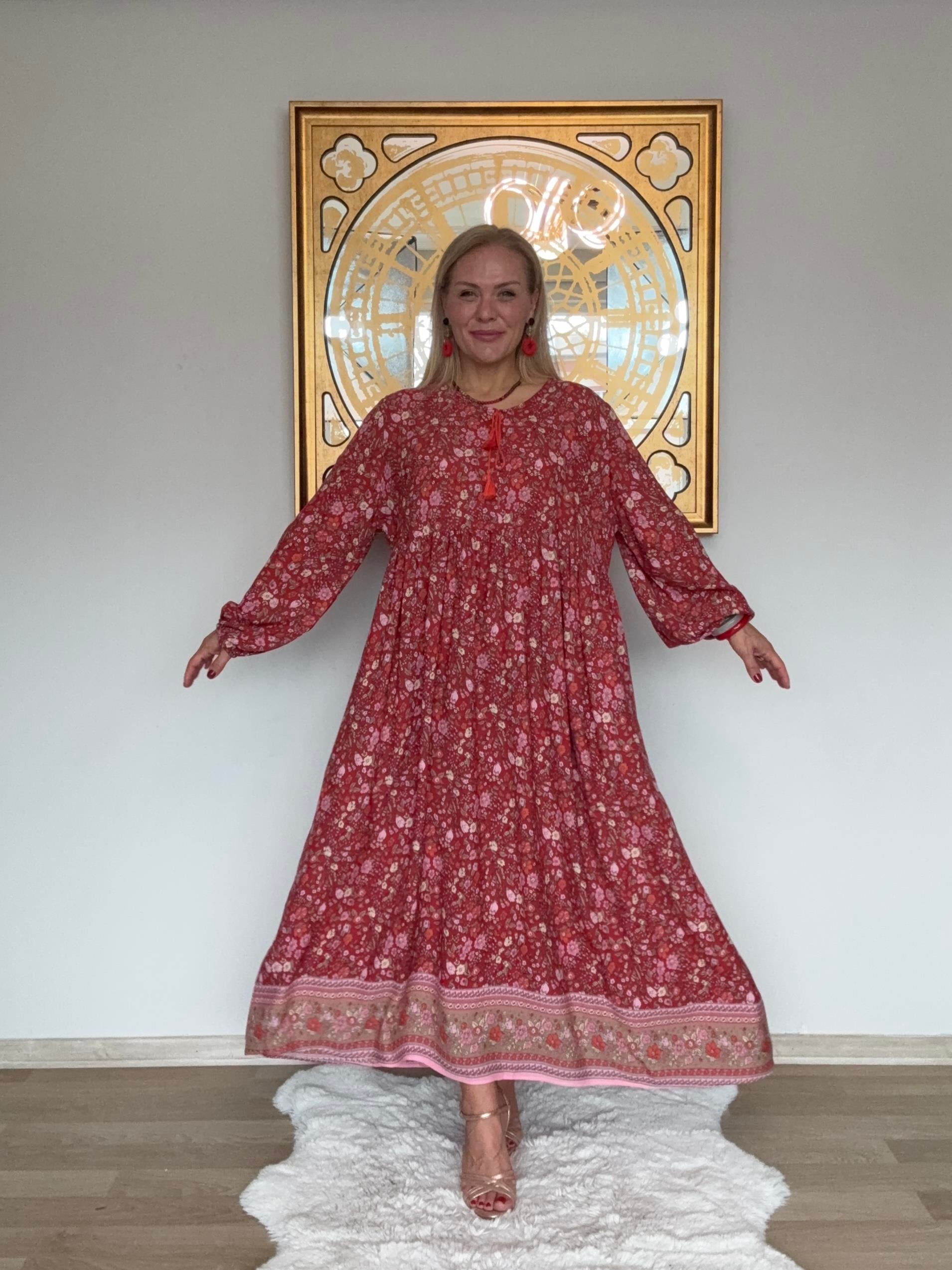 708 Çıtır Desen Uzun Kol  Elbise