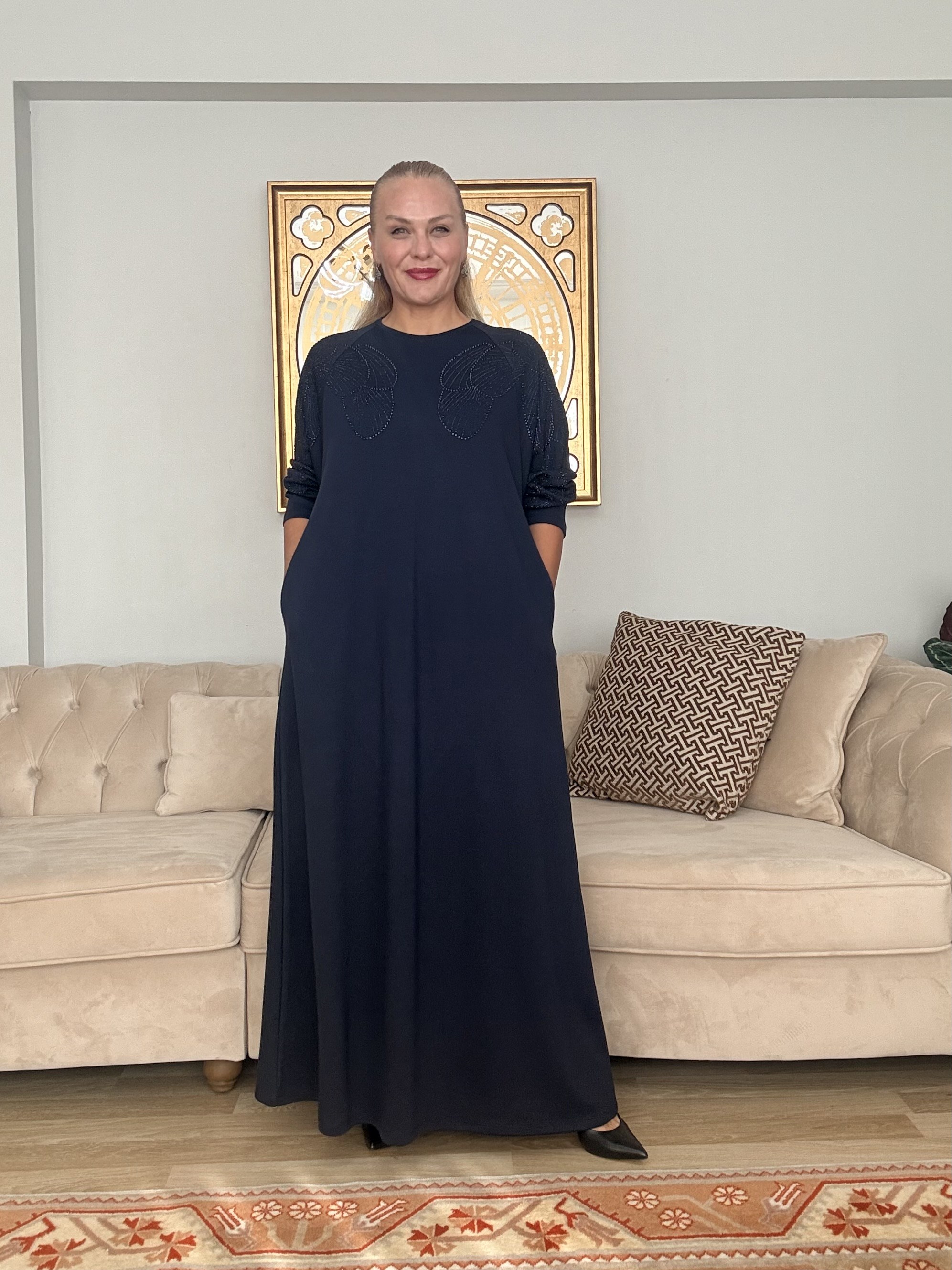 947 Taşlı Ve Cepli Klasik Elbise