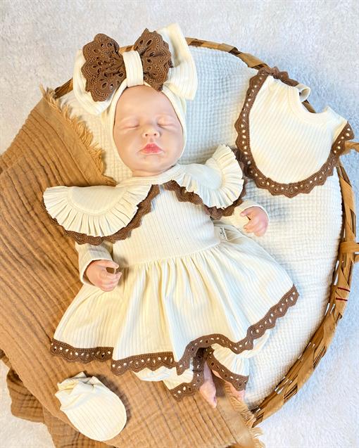 Fistolu Bebe Yaka 5 li Hastane Çıkış Seti-BEJ