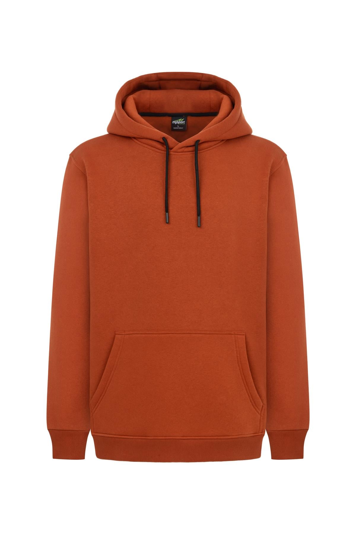 MY SPORT   5017 Erkek Yumuşacık Kapüşonlu Organik Pamuk Kanguru Cepli Regular Kiremit Sweatshirt