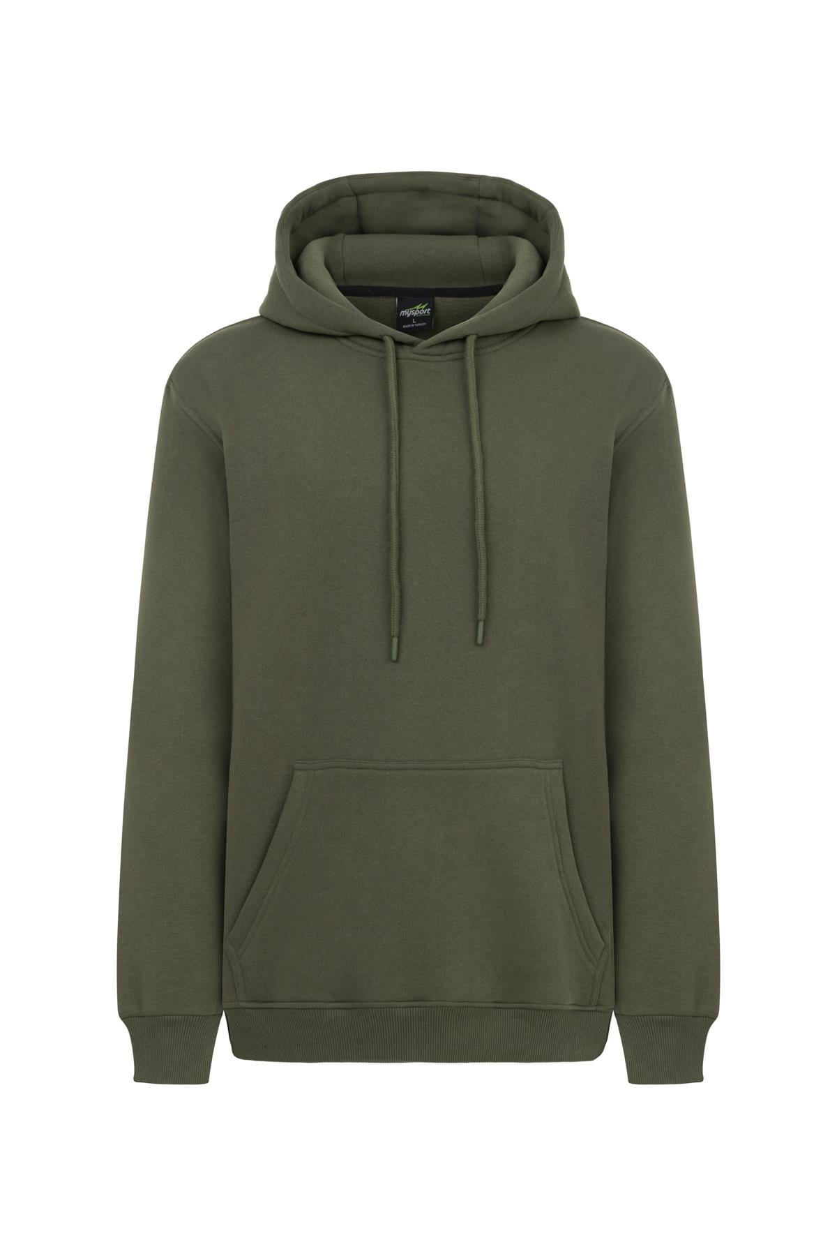 MY SPORT  5017  Erkek Yumuşacık Kapüşonlu Organik Pamuk Kanguru Cepli Regular Haki Sweatshirt