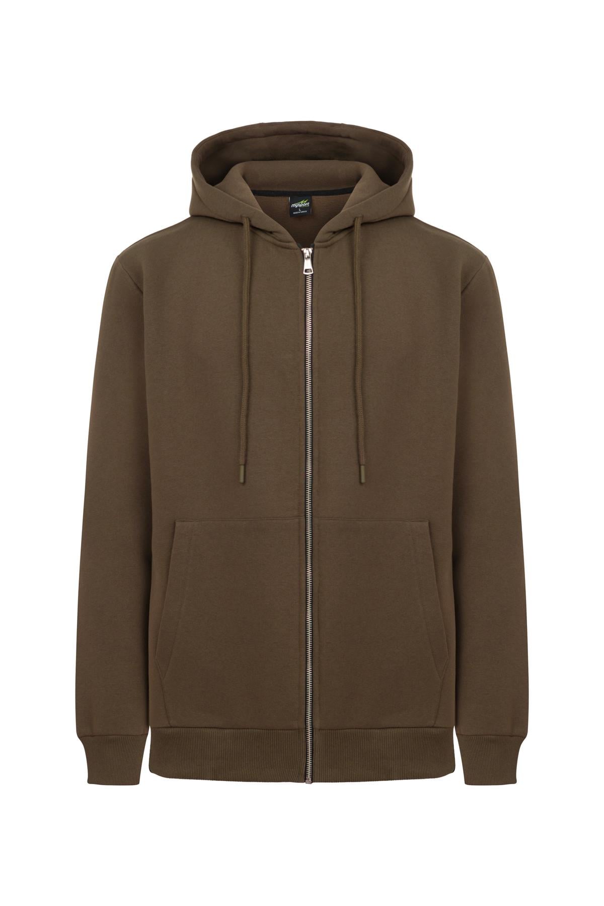 MY SPORT  5018  Erkek Yumuşacık Kapüşonlu Organik Pamuk Kanguru Cepli Regular Kahverengi Sweatshirt