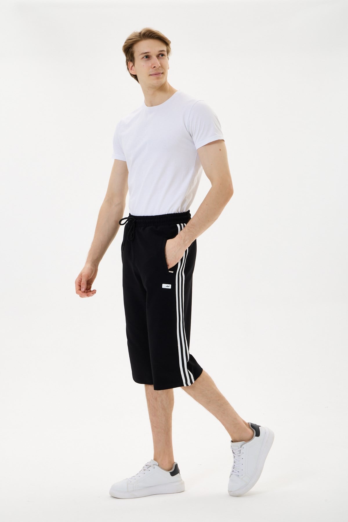 My Sport Erkek Relax Fit Rahat Kesim Pamuklu Beli Bağcıklı Fermuarlı Cep Yan Şeritli Kapri Bermuda