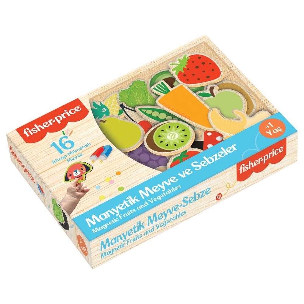 Fisher-Price 16 Mıknatıslı Ahşap Görünümlü Meyve ve Sebzeler Buzdolabı ve Metal Yüzeylere Yapışan Magnet Puzzle FB2700