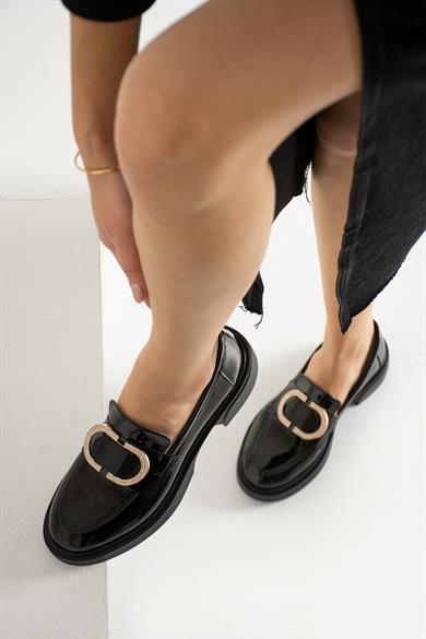 Kadın Siyah Rugan İnce Taş Detaylı Loafer
