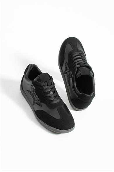 Kadın Sneaker Bağcıklı Yarım Yıldız Detaylı Spor Ayakkabı Nuvon - Siyah