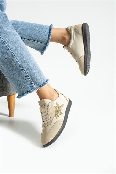 Kadın Sneaker Bağcıklı Yarım Yıldız Detaylı Spor Ayakkabı Nuvon - Bej