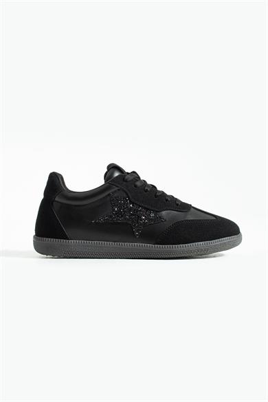 Kadın Sneaker Bağcıklı Yarım Yıldız Detaylı Spor Ayakkabı Nuvon - Siyah