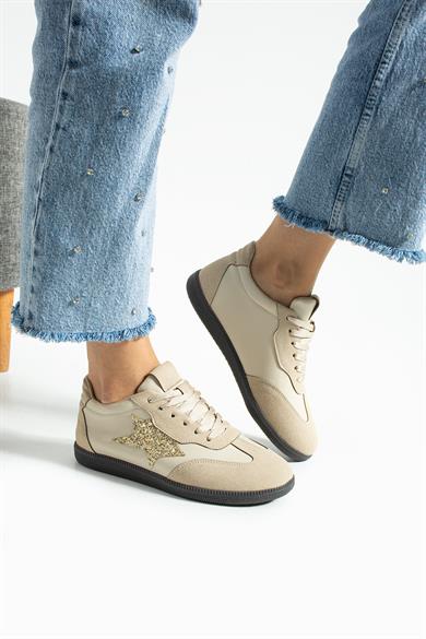 Kadın Sneaker Bağcıklı Yarım Yıldız Detaylı Spor Ayakkabı Nuvon - Bej