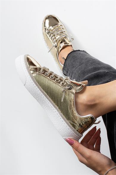 Kadın Altın Yılan Desenli Günlük Sneaker