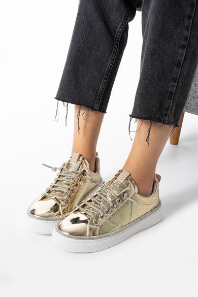 Kadın Altın Yılan Desenli Günlük Sneaker