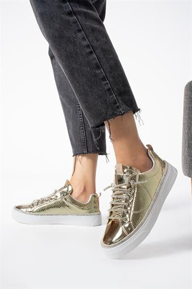 Kadın Altın Yılan Desenli Günlük Sneaker
