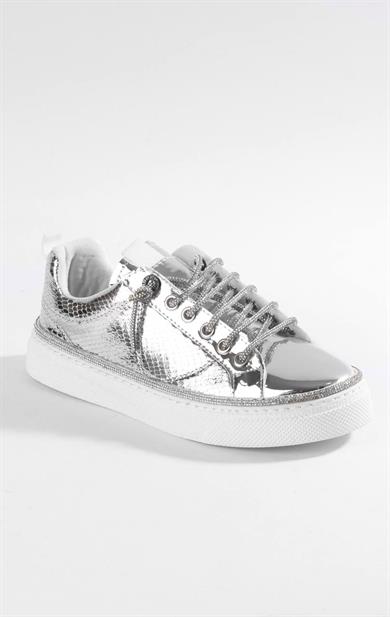 Kadın Gümüş Yılan Desenli Günlük Sneaker