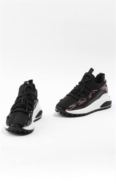 Kadın Siyah İnce Şerit Taş Detaylı Sneaker
