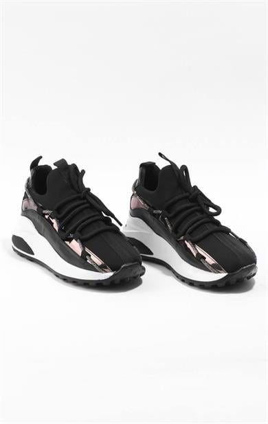Kadın Siyah İnce Şerit Taş Detaylı Sneaker