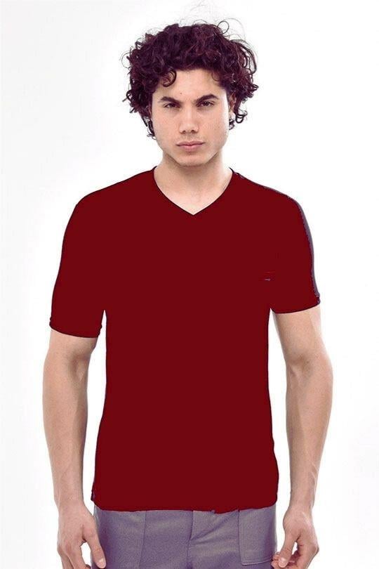 SLİM FİT V YAKA T-SHİRT-Bordo
