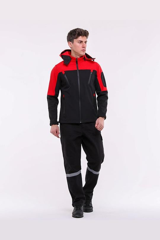 SOFTSHELL KAPŞONLU MONT-Siyah - Kırmızı