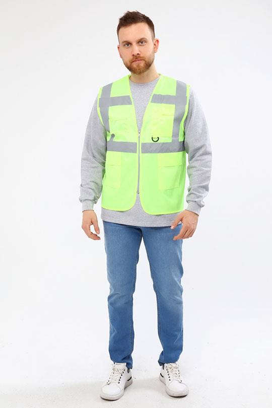 İKAZ YELEĞİ MÜHENDİS CEPLİ FERMUARLI-Neon Sarı