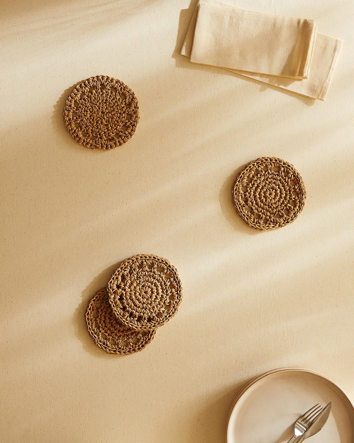  4lü Bej Renk Motifli Rafya Bardak Altlığı Ø 11 cm